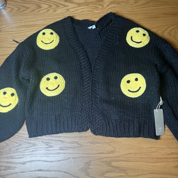 Luna Ivy Smiley Face Open Front Black Sweater Cardigan Size M NEW WITH TAG - Picture 1 of 9